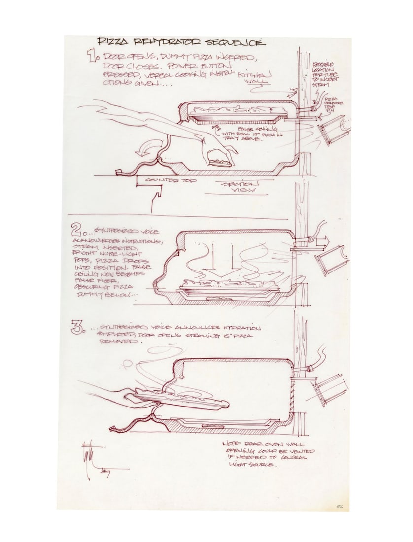 BACK TO THE FUTURE PART II (1989) - Hand-Drawn Edward Eyth "Pizza Rehydrator Sequence" Concept: BACK TO THE FUTURE PART II (1989) - Hand-Drawn Edward Eyth "Pizza Rehydrator Sequence" Concept Artwork - Concept artwork titled "Pizza Rehydrator Sequence" and hand-drawn by futurist consultant