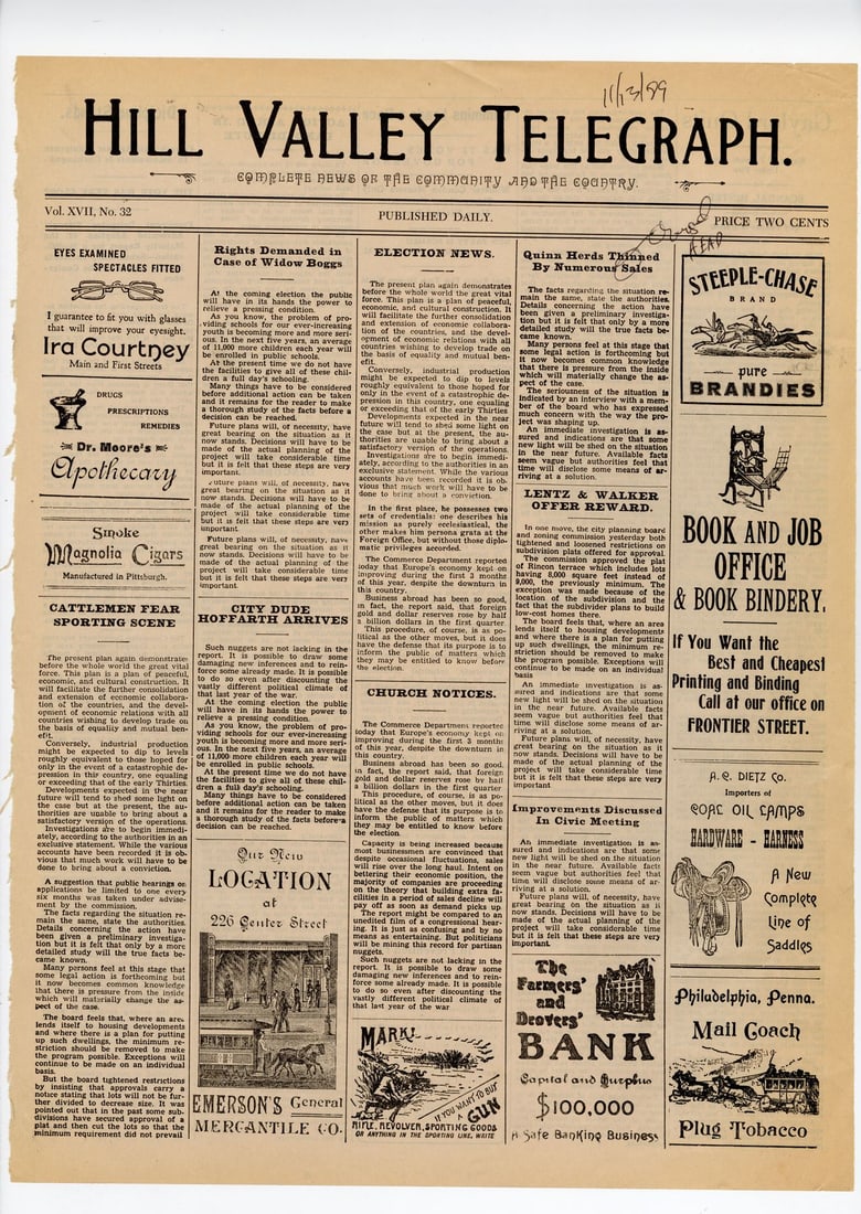 BACK TO THE FUTURE PART III (1990) - Production-Made Hill Valley Telegraph Newspaper Page with (1 of 4)