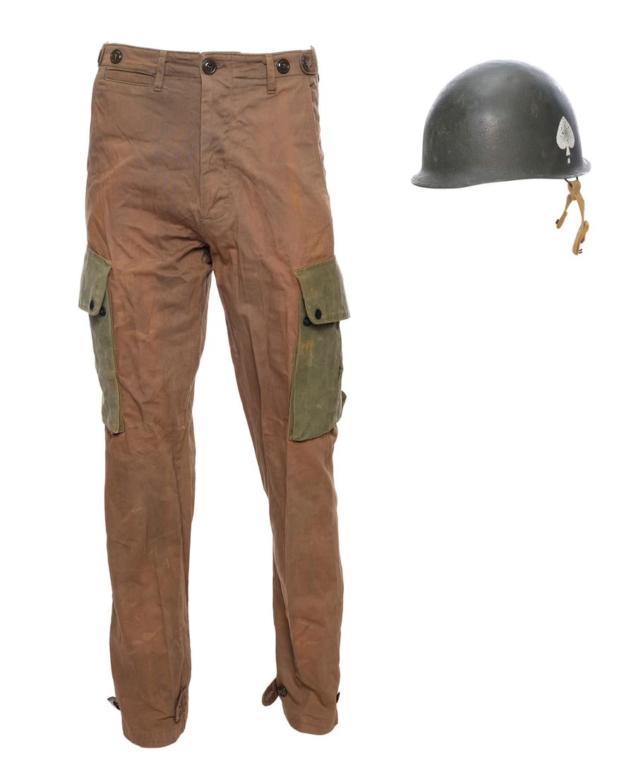 BAND OF BROTHERS (T.V. SERIES, 2001) - Major Richard D. Winters' (Damian Lewis) Fatigue Pants with: BAND OF BROTHERS (T.V. SERIES, 2001) - Major Richard D. Winters' (Damian Lewis) Fatigue Pants with Production-Made Helmet - Major Richard D. Winters' (Damian Lewis) fatigue pants with a helmet from th