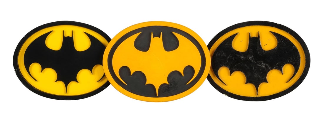 BATMAN (1989) - Set of Three Production-Made Batman (Michael Keaton) Chest Emblem Prototypes: BATMAN (1989) - Set of Three Production-Made Batman (Michael Keaton) Chest Emblem Prototypes - A set of three Batman (Michael Keaton) chest emblem prototypes from the production of Tim Burton's Batman