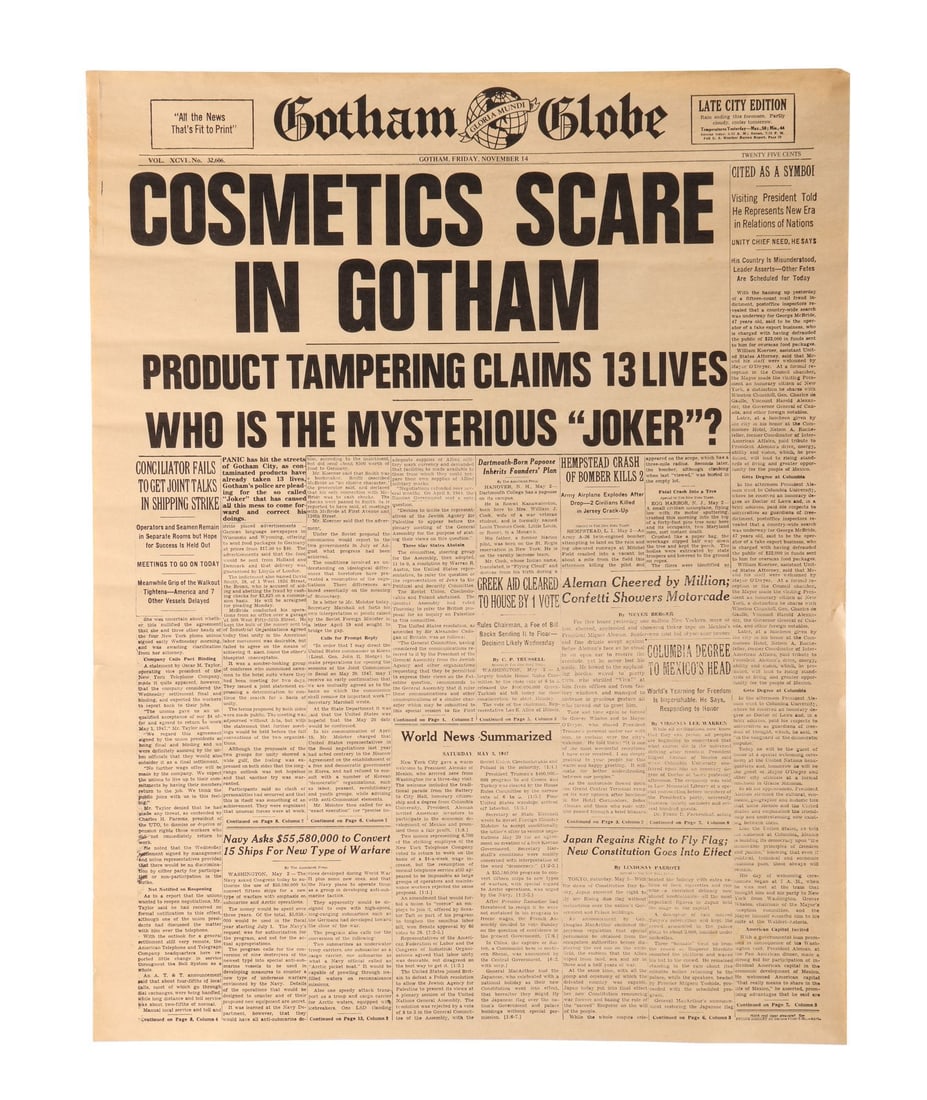 BATMAN (1989) - VFX Gotham Globe Newspaper Front Page: BATMAN (1989) - VFX Gotham Globe Newspaper Front Page - A Gotham Globe newspaper front page from Tim Burton's superhero film Batman. This page was created for use as a 'paper spin' prop, an editorial