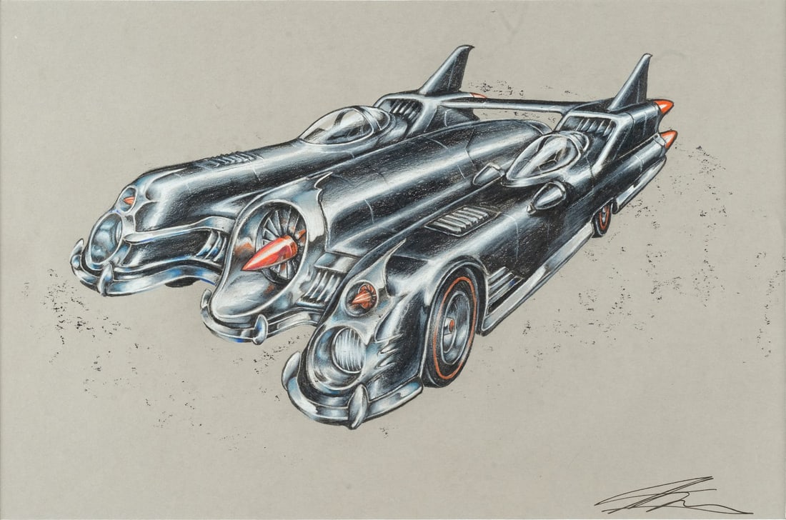 BATMAN (1989) - Framed Hand-Drawn Julian Caldow Batmobile Concept Artwork (1 of 4)