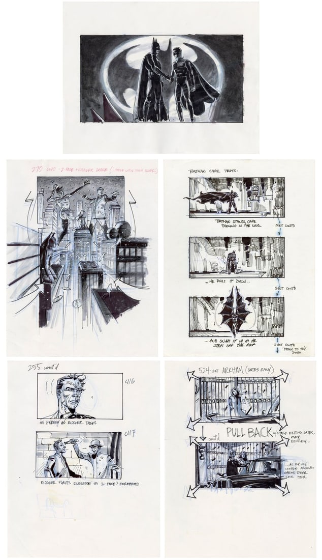 BATMAN FOREVER (1995) - Set of 22 Hand-Drawn Storyboards: BATMAN FOREVER (1995) - Set of 22 Hand-Drawn Storyboards - A set of 22 hand-drawn storyboards from Joel Schumacher's Batman Forever. These storyboards depict the scenes from the opening sequence of Tw