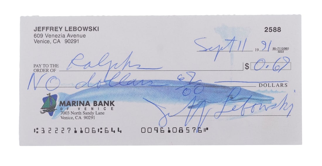 THE BIG LEBOWSKI (1998) - The Dude's (Jeff Bridges) Handwritten Check (1 of 4)