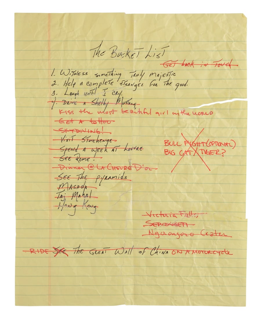 THE BUCKET LIST (2007) - Edward Cole (Jack Nicholson) and Carter Chambers' (Morgan Freeman): THE BUCKET LIST (2007) - Edward Cole (Jack Nicholson) and Carter Chambers' (Morgan Freeman) Distressed Handwritten Bucket List Page - Edward Cole (Jack Nicholson) and Carter Chambers' (Morgan