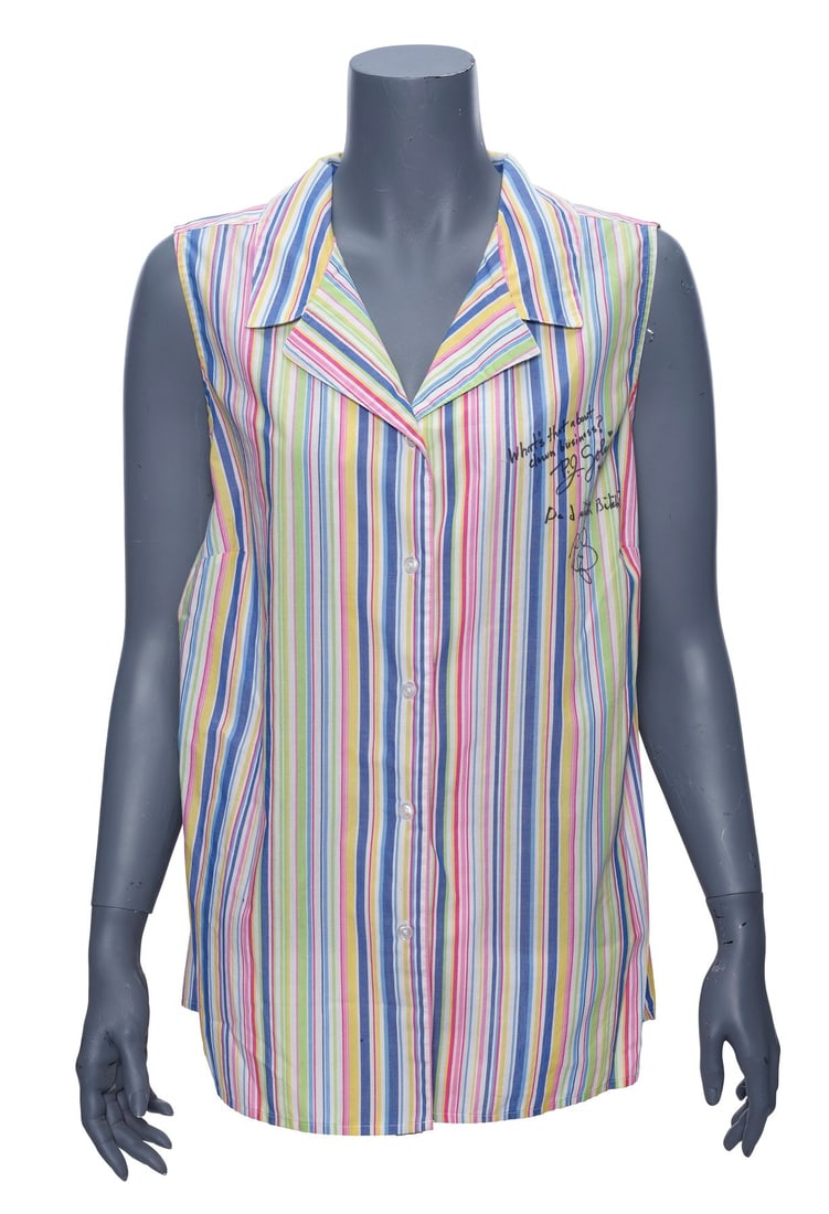 THE DEVIL'S REJECTS (2005) - Sid Haig- and P.J. Soles-Autographed Susan's Striped Blouse with: THE DEVIL'S REJECTS (2005) - Sid Haig- and P.J. Soles-Autographed Susan's Striped Blouse with Sandals - Sid Haig- and P.J. Soles-autographed Susan's striped blouse with sandals from Rob Zombie's The