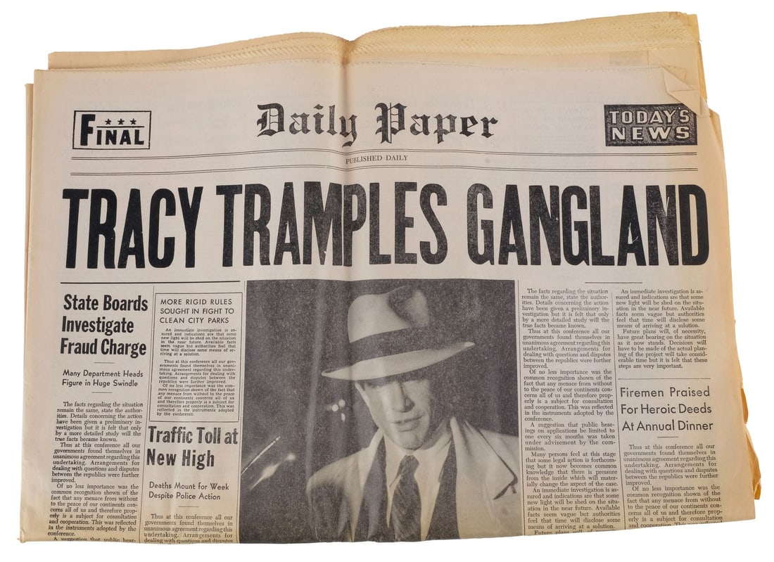 DICK TRACY (1990) - "Tracy Tramples Gangland" Newspaper: DICK TRACY (1990) - "Tracy Tramples Gangland" Newspaper - "Tracy Tramples Gangland" newspaper from Warren Beatty's film adaptation of Chester Gould's comic strip Dick Tracy. Officer "Bug" Bailey