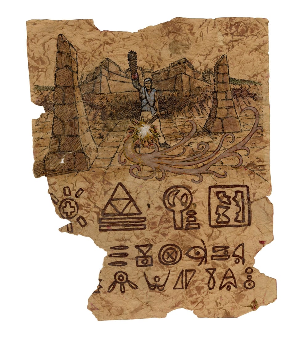 EVIL DEAD II (1987) - Tom Sullivan Collection: Screen-Matched Hand-Illustrated Ash Williams (Bruce: EVIL DEAD II (1987) - Tom Sullivan Collection: Screen-Matched Hand-Illustrated Ash Williams (Bruce Campbell) "Chosen One" Prophecy Lost Necronomicon Page - A screen-matched Ash Williams (Bruce