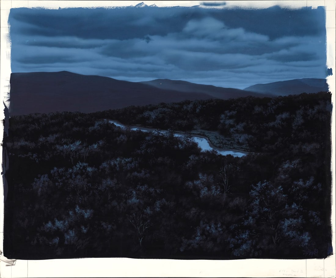 EVIL DEAD II (1987) - Hand-Painted Bob Kayganich Forest Canopy at Night Matte Painting: EVIL DEAD II (1987) - Hand-Painted Bob Kayganich Forest Canopy at Night Matte Painting - A signed matte painting of a forest canopy at night hand-painted by matte painter Bob Kayganich for Sam