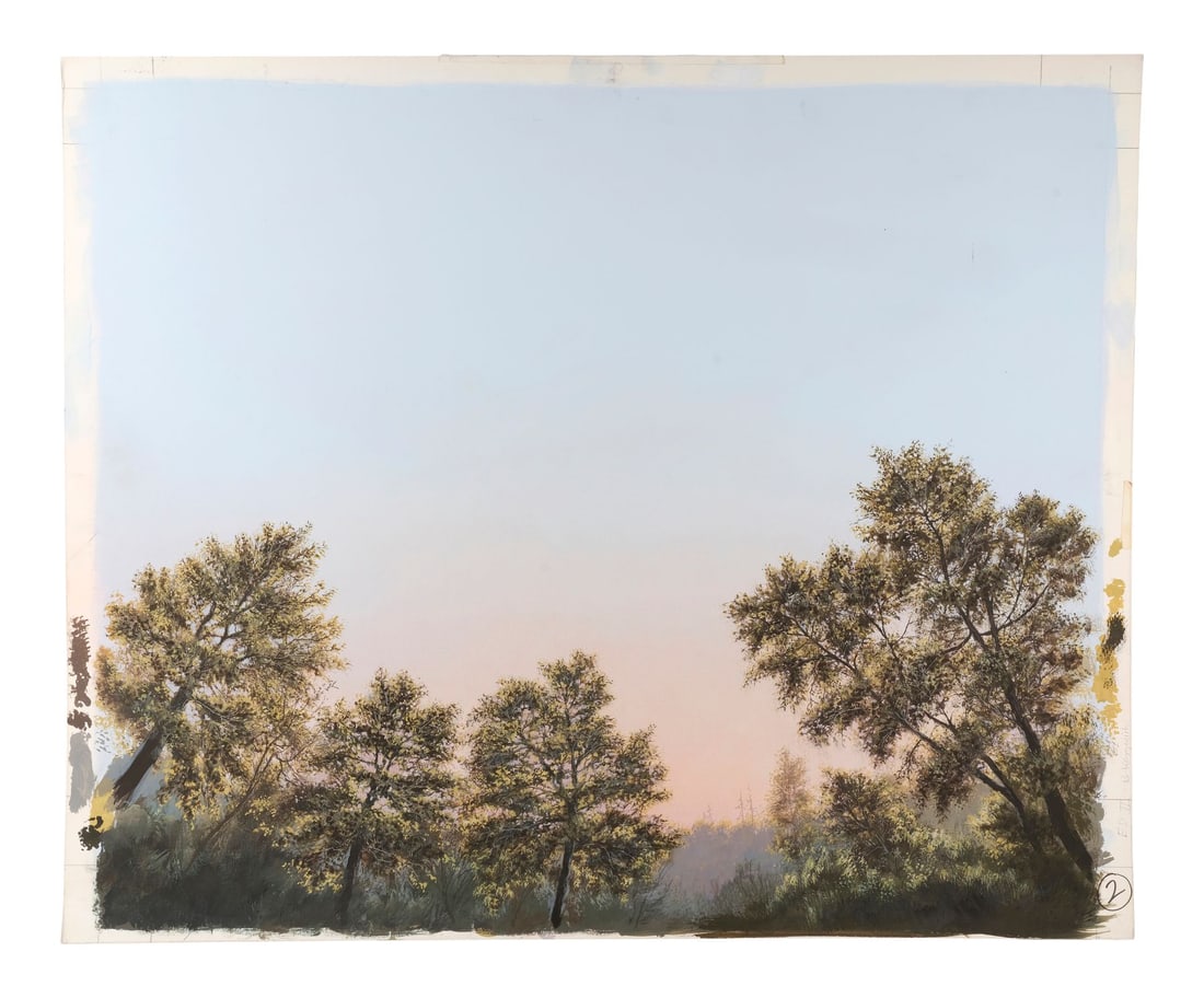 EVIL DEAD II (1987) - Hand-Painted Bob Kayganich Sunlit Forest Canopy Matte Painting: EVIL DEAD II (1987) - Hand-Painted Bob Kayganich Sunlit Forest Canopy Matte Painting - A matte painting of a sunlit forest canopy hand-painted by matte painter Bob Kayganich for Sam Raimi's Evil Dead