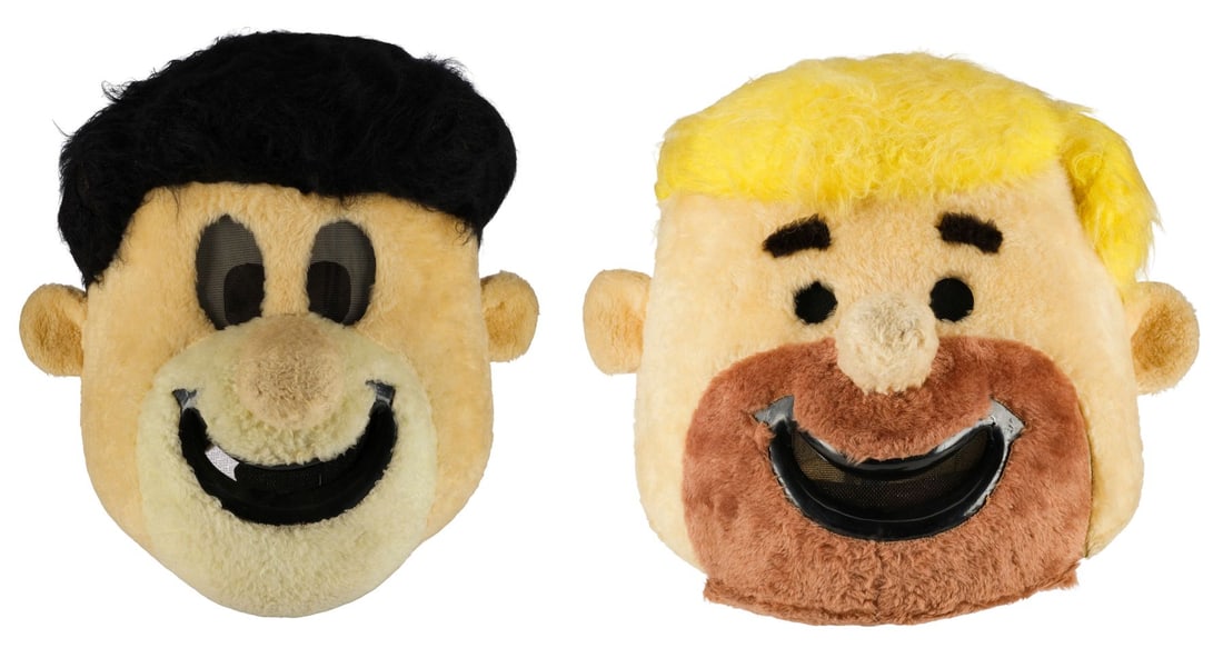 THE FLINTSTONES FRANCHISE (1960 - PRESENT) - Fred Flintstone and Barney Rubble Mascot Heads: THE FLINTSTONES FRANCHISE (1960 - PRESENT) - Fred Flintstone and Barney Rubble Mascot Heads - Mascot costume heads of Fred Flintstone and Barney Rubble from the world-famous The Flintstones franchise.