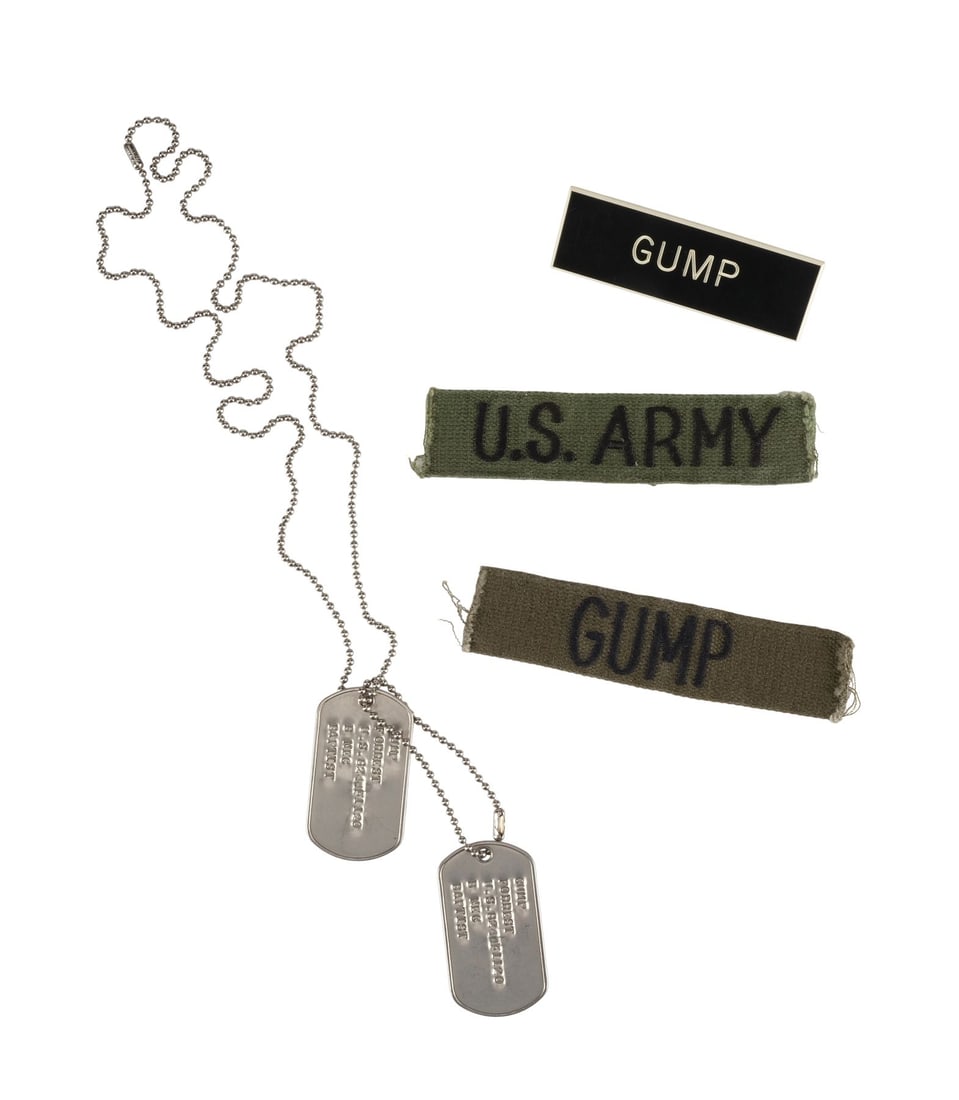 FORREST GUMP (1994) - Forrest Gump's (Tom Hanks) Production-Made U.S. Army Patches, Nametag, and Dog: FORREST GUMP (1994) - Forrest Gump's (Tom Hanks) Production-Made U.S. Army Patches, Nametag, and Dog Tags - Forrest Gump's (Tom Hanks) production-made U.S. Army patches, nametag, and dog tags from Rob