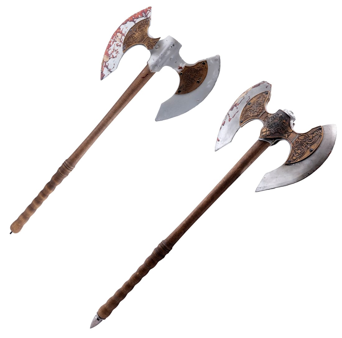 FRIGHT NIGHT (2011) - Peter Vincent's (David Tennant) Pair of Bloodied Battle Axes: FRIGHT NIGHT (2011) - Peter Vincent's (David Tennant) Pair of Bloodied Battle Axes - Peter Vincent's (David Tennant) pair of battle axes from Craig Gillespie's Fright Night. Charley Brewster (Anton Ye
