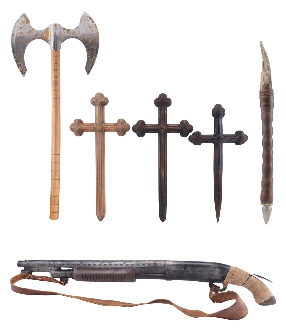 FRIGHT NIGHT (2011) - Charley Brewster's (Anton Yelchin) Set of Three Vampire Hunting Crosses with: FRIGHT NIGHT (2011) - Charley Brewster's (Anton Yelchin) Set of Three Vampire Hunting Crosses with Peter Vincent's (David Tennant) Battle Ax, Stunt Shotgun, and Stunt Stake - Charley Brewster's (Anton