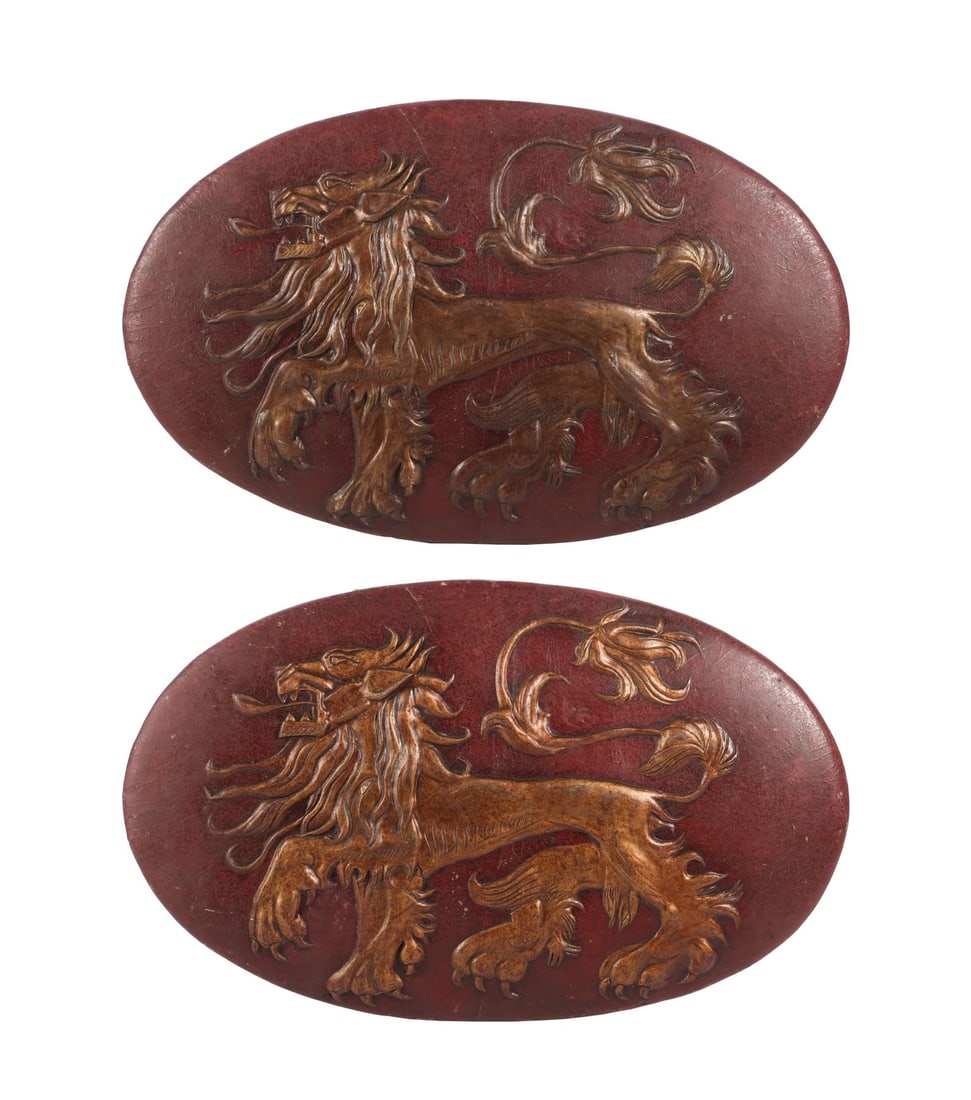 GAME OF THRONES (T.V. SERIES, 2011 - 2019) - Pair of Lannister Shields: GAME OF THRONES (T.V. SERIES, 2011 - 2019) - Pair of Lannister Shields - A pair of Lannister shields from the fantasy television series Game of Thrones. Soldiers fighting for House Lannister carried