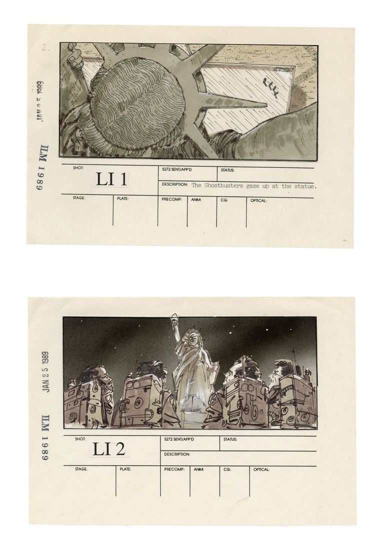 GHOSTBUSTERS II (1989) - Set of Six Hand-Drawn Statue of Liberty VFX Storyboards: GHOSTBUSTERS II (1989) - Set of Six Hand-Drawn Statue of Liberty VFX Storyboards - Six hand-drawn Statue of Liberty VFX storyboards from the production of Ivan Reitman's Ghostbusters II. After Vigo