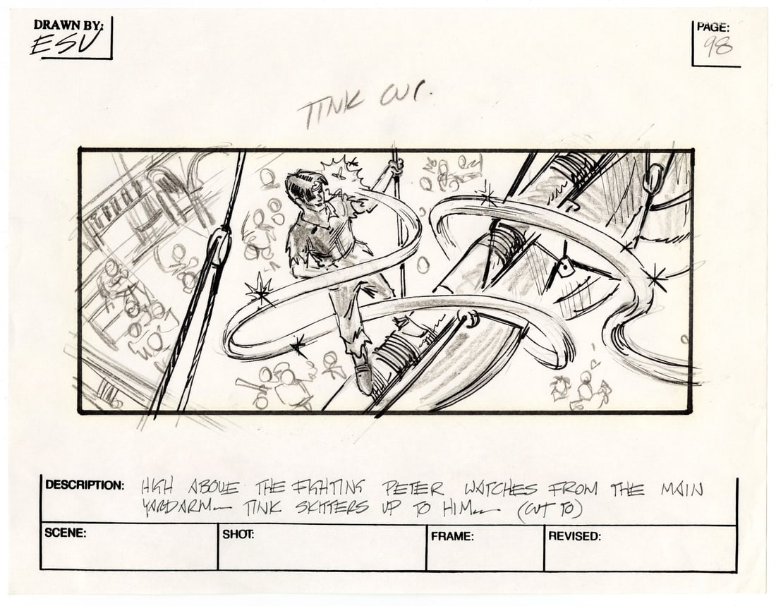 HOOK (1991) - Hand-Drawn Storyboard: HOOK (1991) - Hand-Drawn Storyboard - A hand-drawn storyboard from Steven Spielberg's Hook. After rediscovering who he was, Peter Pan (Robin Williams) returned to Captain Hook's (Dustin Hoffman)