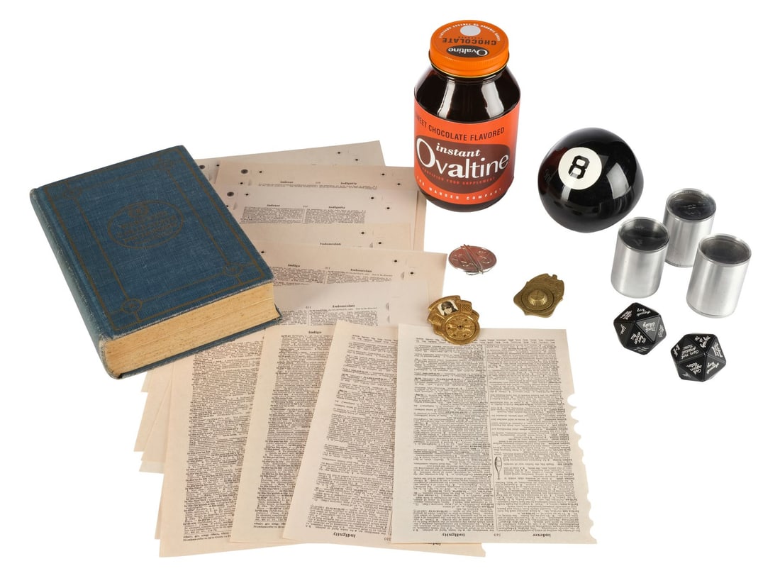 THE HOUSE WITH A CLOCK IN ITS WALLS (2018) - Lewis Barnavelt's (Owen Vaccaro) Modified Magic 8 Ball: THE HOUSE WITH A CLOCK IN ITS WALLS (2018) - Lewis Barnavelt's (Owen Vaccaro) Modified Magic 8 Ball and Dictionary with Captain Midnight Decoders - Lewis Barnavelt's (Owen Vaccaro) modified Magic 8