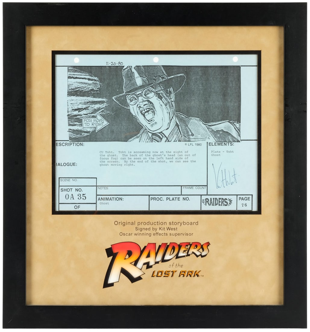 INDIANA JONES AND THE RAIDERS OF THE LOST ARK (1981) - Kit West-Autographed Framed Printed "Toht: INDIANA JONES AND THE RAIDERS OF THE LOST ARK (1981) - Kit West-Autographed Framed Printed "Toht Screaming" Storyboard Production Copy - A framed and printed copy of a storyboard from the production o