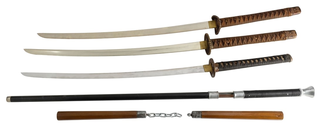 JOHN WICK: CHAPTER 4 (2023) - John Wick's (Keanu Reeves) Katana and Caine's (Donnie Yen) Blade with: JOHN WICK: CHAPTER 4 (2023) - John Wick's (Keanu Reeves) Katana and Caine's (Donnie Yen) Blade with Collection of Weapons - John Wick's (Keanu Reeves) katana and Caine's (Donnie Yen) blade with a coll