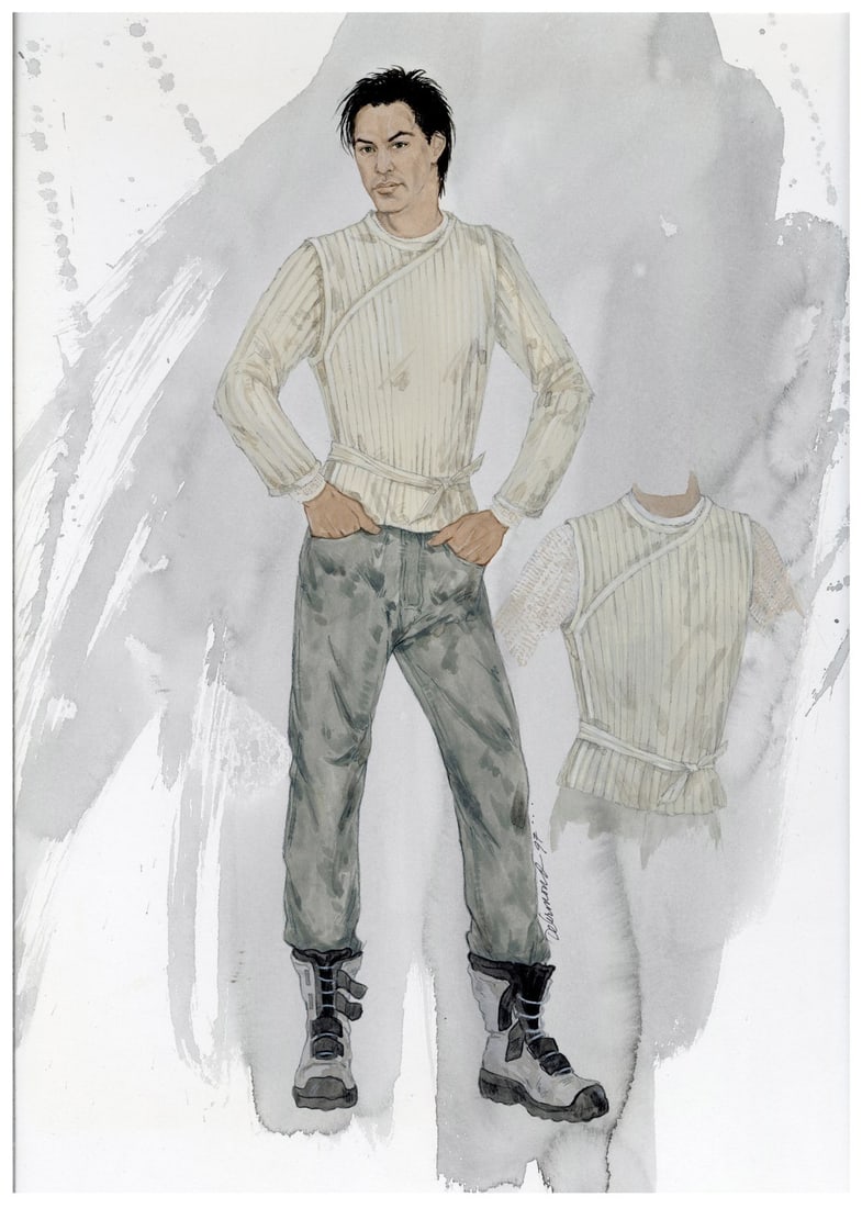 THE MATRIX (1999) - Lois DeArmond's Original Hand-Illustrated Costume Design of Neo: THE MATRIX (1999) - Lois DeArmond's Original Hand-Illustrated Costume Design of Neo - A costume design illustration of Neo (Keanu Reeves) hand-rendered by Emmy Award®-winning costume illustrator