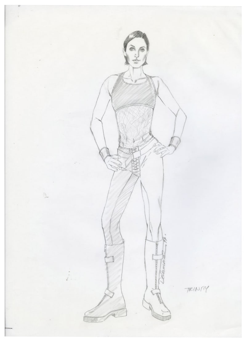 THE MATRIX (1999) - Lois DeArmond's Original Hand-Drawn Sketch of Trinity in Pencil: THE MATRIX (1999) - Lois DeArmond's Original Hand-Drawn Sketch of Trinity in Pencil - A costume design sketch for Trinity (Carrie-Anne Moss) hand-drawn by Emmy Award®-winning costume illustrator