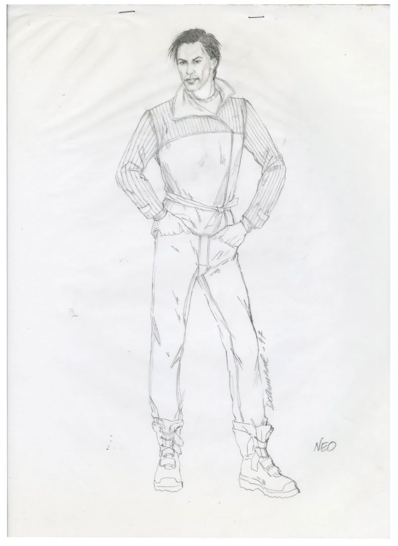 THE MATRIX (1999) - Hand-Drawn Lois DeArmond Neo (Keanu Reeves) Costume Design Sketch: THE MATRIX (1999) - Hand-Drawn Lois DeArmond Neo (Keanu Reeves) Costume Design Sketch - A costume design sketch for Neo (Keanu Reeves) hand-drawn by Emmy Award®-winning costume illustrator Lois
