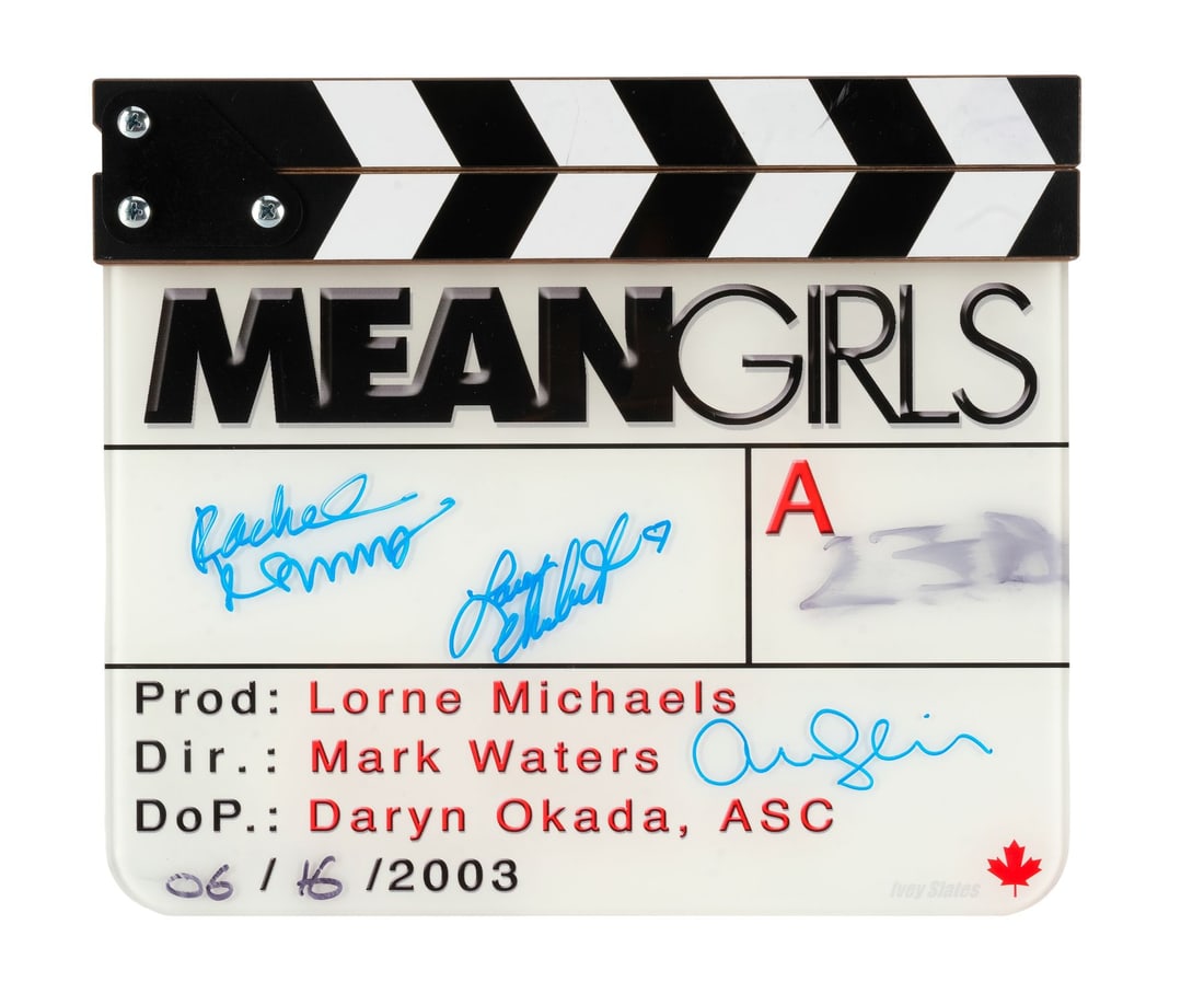 MEAN GIRLS (2004) - Key Cast-Autographed "A" Camera Clapperboard: MEAN GIRLS (2004) - Key Cast-Autographed "A" Camera Clapperboard - An "A" camera clapperboard from the production of Mark Waters' Mean Girls autographed by its key cast. Following its massive box offi