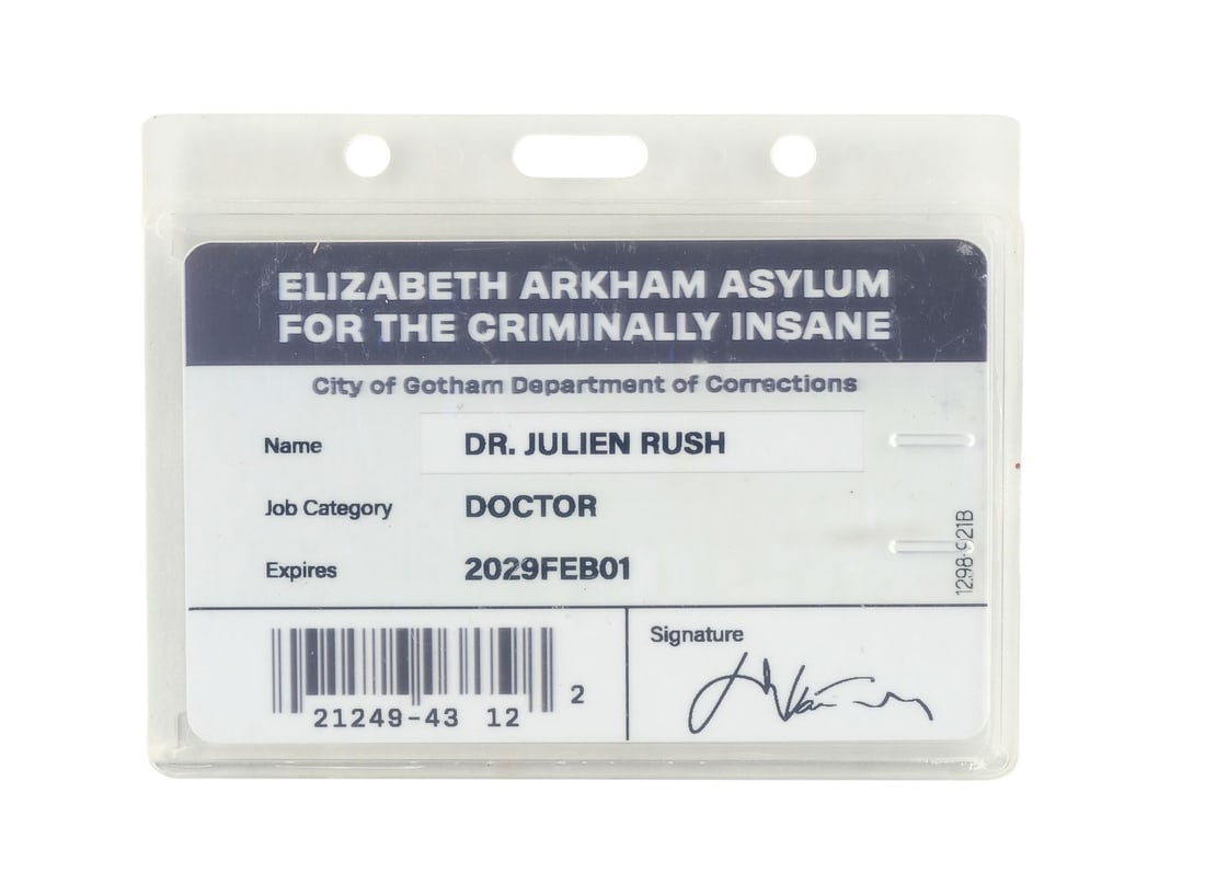 THE PENGUIN (T.V. SERIES, 2024) - Dr. Julian Rush's (Theo Rossi) Arkham Asylum Badge: THE PENGUIN (T.V. SERIES, 2024) - Dr. Julian Rush's (Theo Rossi) Arkham Asylum Badge - Dr. Julian Rush's (Theo Rossi) Arkham Asylum badge from Lauren LeFranc's The Penguin. Rush wore his badge on his