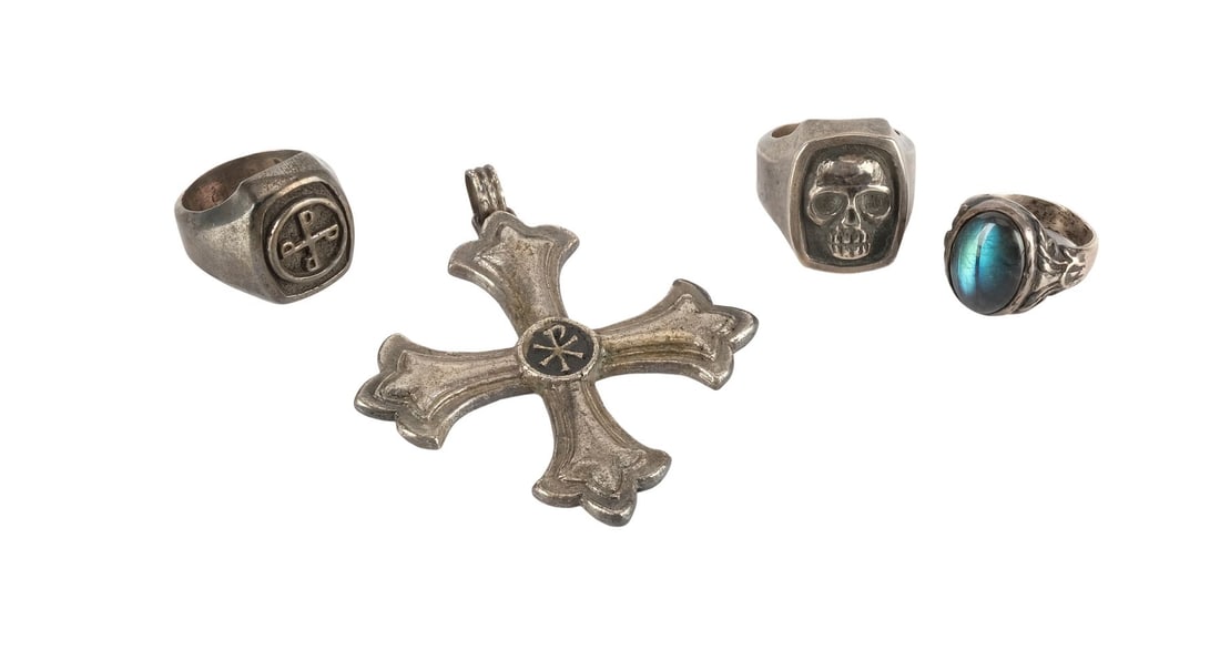 THE PHANTOM (1996) - Production-Made Kit Walker/Phantom (Billy Zane) Skull Ring and Good Mark Ring: THE PHANTOM (1996) - Production-Made Kit Walker/Phantom (Billy Zane) Skull Ring and Good Mark Ring with Cross Pendant and Gem Ring - A production-made Kit Walker/Phantom skull ring and good mark ring