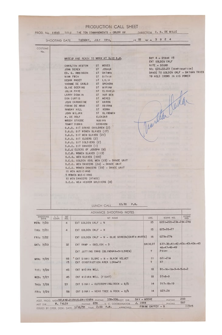 THE TEN COMMANDMENTS (1956) - Charlton Heston-Autographed Golden Calf Scene Production Call Sheet (1 of 3)