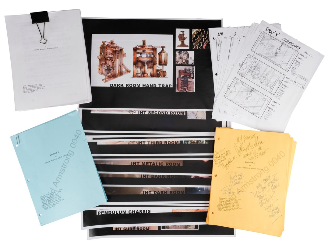 SAW V (2008) - David A. Armstrong Collection: Key Cast- and Crew-Autographed "Evolution II" Script: SAW V (2008) - David A. Armstrong Collection: Key Cast- and Crew-Autographed "Evolution II" Script with Revised Script, Sides, Printed Storyboards, Jigsaw Trap Concept Artwork, and Production Ephemera
