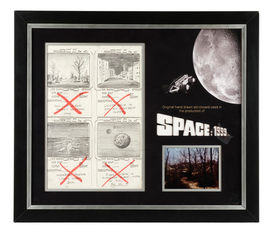 SPACE: 1999 (1975-1977) - Framed Hand-Drawn Storyboard Display: SPACE: 1999 (1975-1977) - Framed Hand-Drawn Storyboard Display - An original framed hand-drawn storyboard display from Gerry and Sylvia Anderson's Space: 1999 television series. The crew of Moonbase A