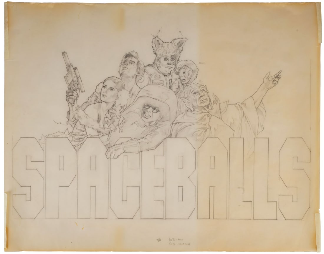SPACEBALLS (1987) - Michael Hobson Hand-Drawn Poster Artwork: SPACEBALLS (1987) - Michael Hobson Hand-Drawn Poster Artwork - Poster artwork hand-drawn by Michael Hobson for Mel Brooks' Spaceballs. Hobson created preliminary pencil artwork to plan the layout of