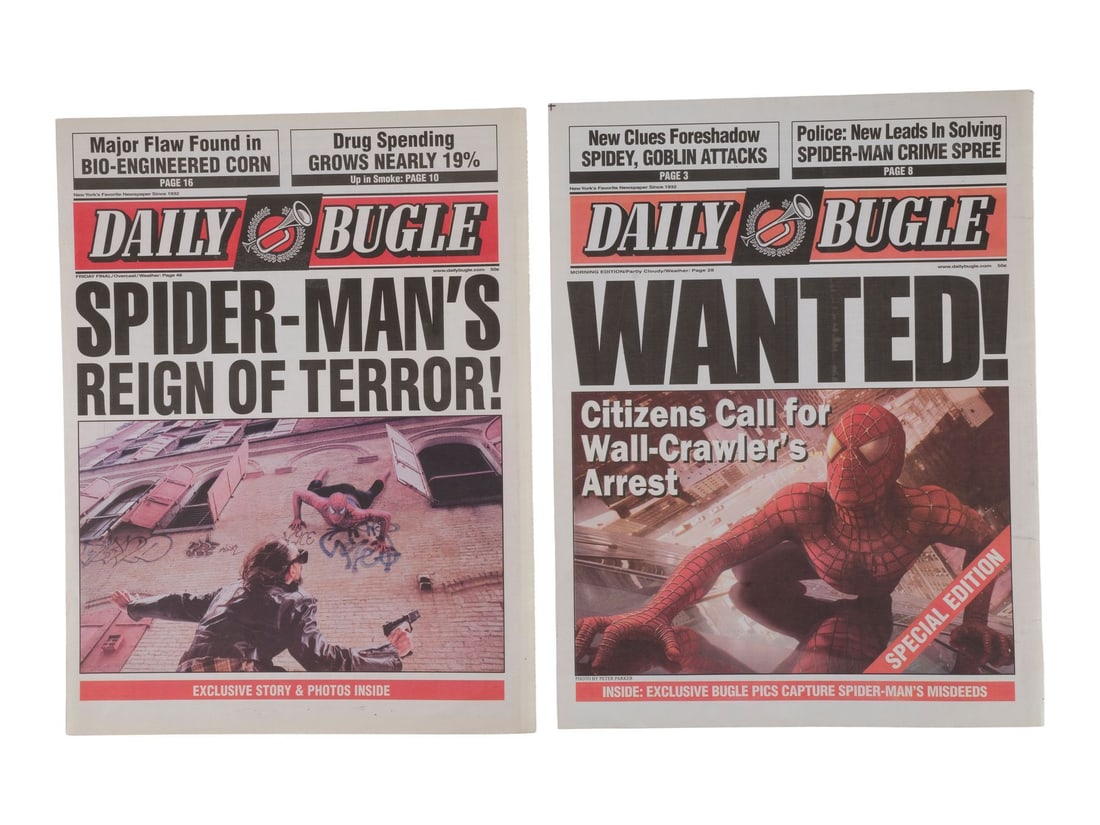 SPIDER-MAN (2002) - Pair of Daily Bugle Newspaper Covers: SPIDER-MAN (2002) - Pair of Daily Bugle Newspaper Covers - Two Daily Bugle newspaper covers from Sam Raimi's Spider-Man. After he took up the mantle of Spider-Man, a despondent Peter Parker (Tobey Mag
