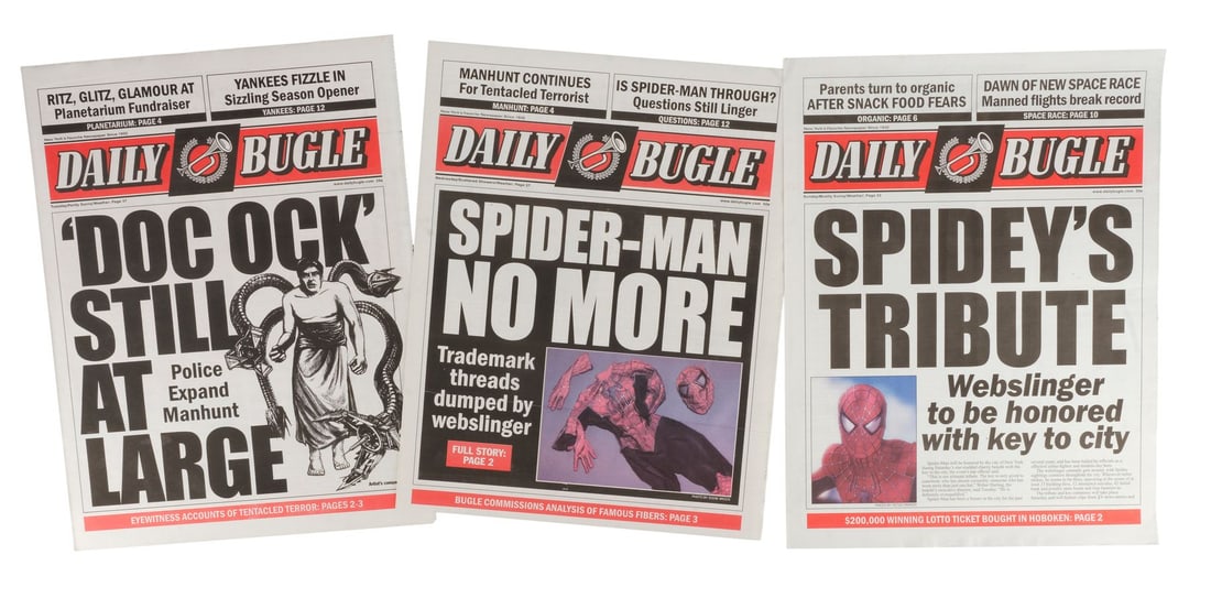 SPIDER-MAN 2 (2004) - Set of Three Daily Bugle Newspaper Covers: SPIDER-MAN 2 (2004) - Set of Three Daily Bugle Newspaper Covers - Three Daily Bugle newspaper covers from Sam Raimi's Spider-Man 2. J. Jonah Jameson's (J.K. Simmons) Daily Bugle ran story after story