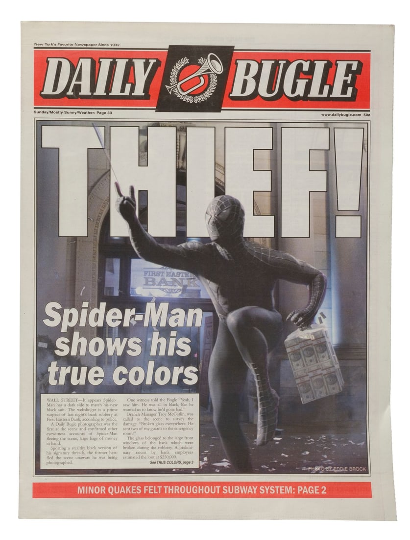 SPIDER-MAN 3 (2007) - Eddie Brock (Topher Grace) "Thief!" Daily Bugle Newspaper Cover: SPIDER-MAN 3 (2007) - Eddie Brock (Topher Grace) "Thief!" Daily Bugle Newspaper Cover - A Daily Bugle newspaper cover headlined "Thief! from Sam Raimi's Spider-Man 3. Though Daily Bugle publisher J.