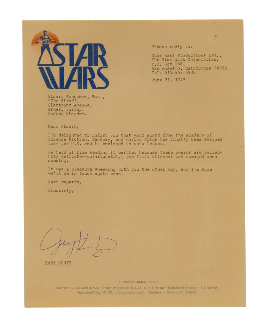 STAR WARS: A NEW HOPE (1977) - Producer Gary Kurtz-Signed Letter (1 of 1)