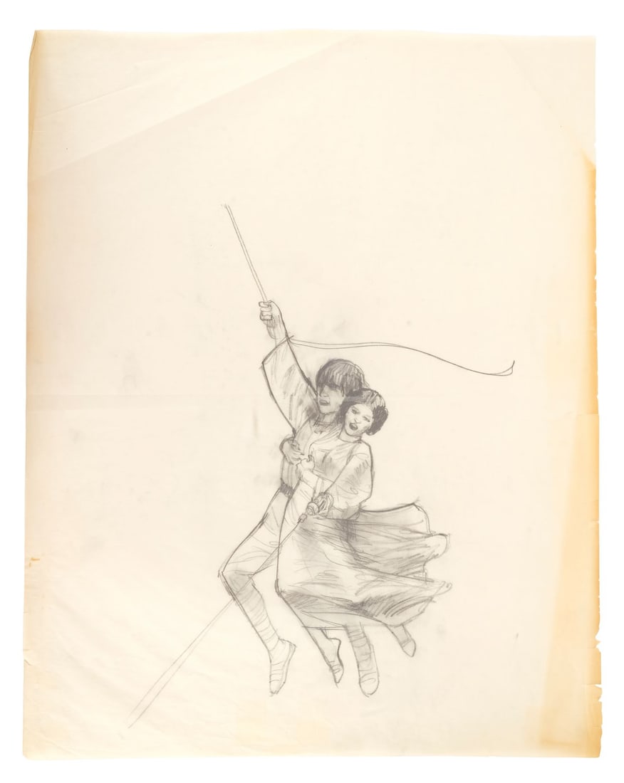 STAR WARS: A NEW HOPE (1977) - Hand-Drawn Dan Goozee Swashbuckling Luke and Leia Poster Concept (1 of 3)