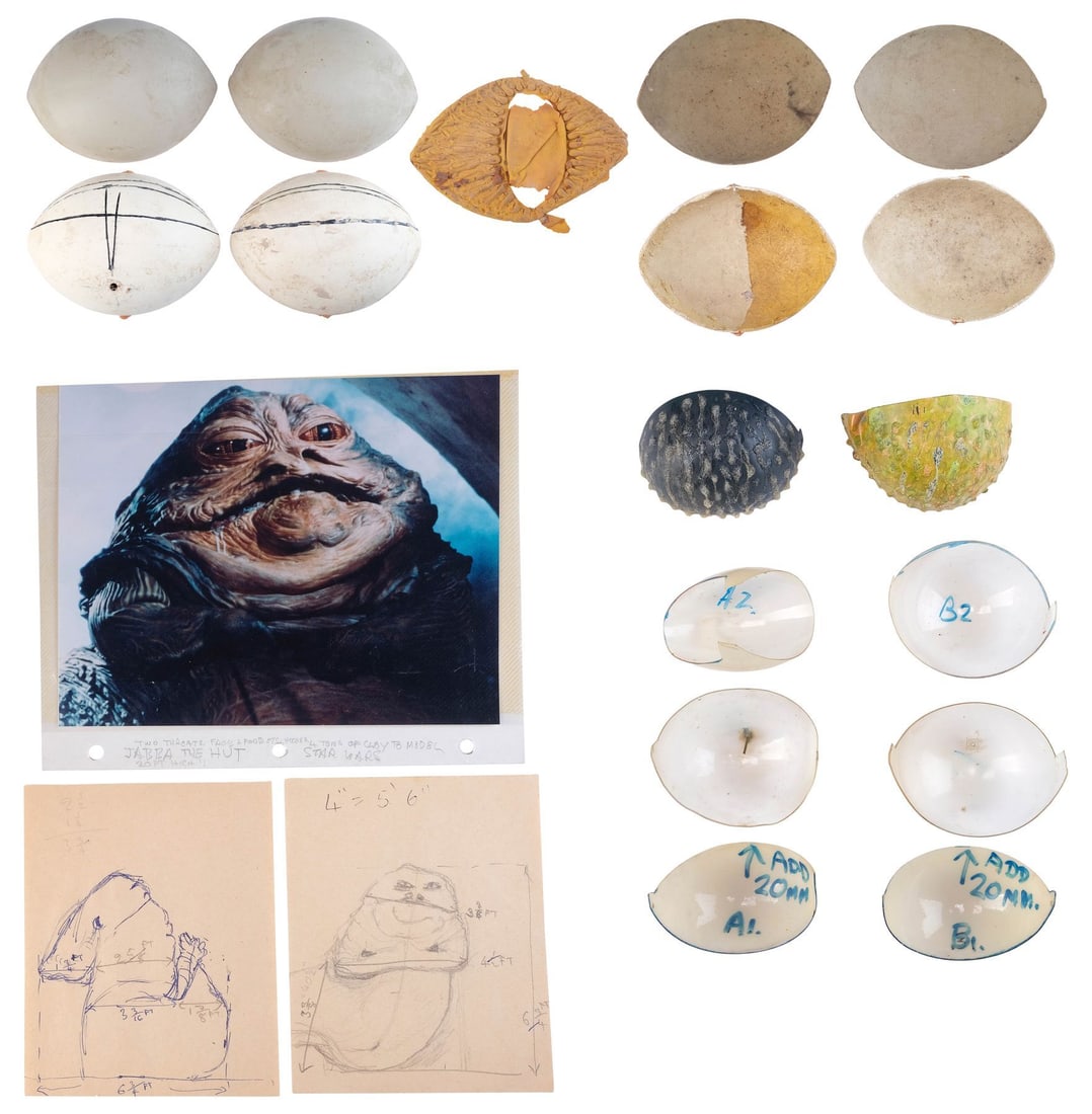 STAR WARS: RETURN OF THE JEDI (1983) - Jabba the Hutt Puppet Eye Components with Hand-Drawn John: STAR WARS: RETURN OF THE JEDI (1983) - Jabba the Hutt Puppet Eye Components with Hand-Drawn John Coppinger Puppet Concept Sketches - Jabba the Hutt puppet eye components with concept artwork believed