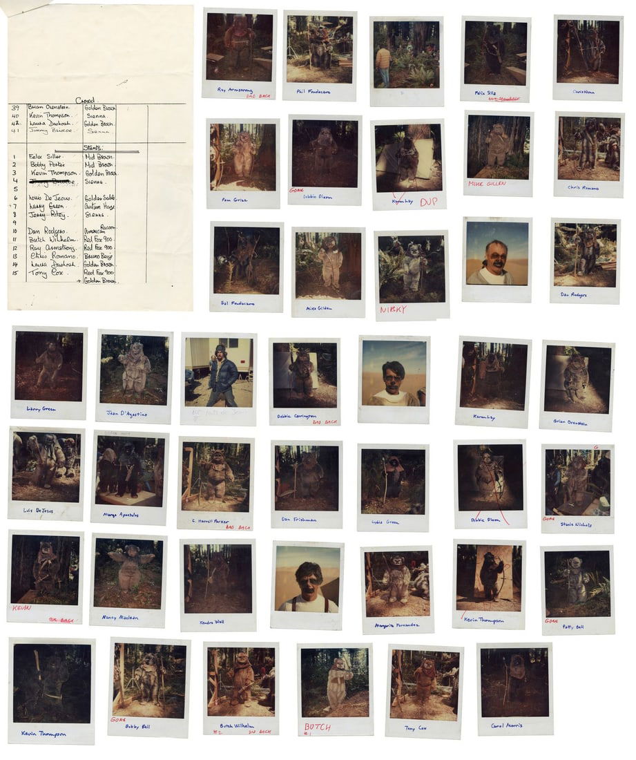 STAR WARS: RETURN OF THE JEDI (1983) - Set of 42 Ewok and Skiff Guard Photos with Crowd and Stunt: STAR WARS: RETURN OF THE JEDI (1983) - Set of 42 Ewok and Skiff Guard Photos with Crowd and Stunt Performer List - A set of 42 Ewok and skiff guard photos with a crowd and stunt performer list from th