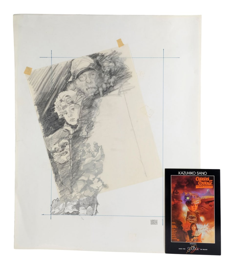EWOKS: THE BATTLE FOR ENDOR (1985) - Hand-Drawn Kazuhiko Sano Poster Prelim with Reference Proof: EWOKS: THE BATTLE FOR ENDOR (1985) - Hand-Drawn Kazuhiko Sano Poster Prelim with Reference Proof - A poster prelim hand-drawn by renowned Star Wars posterist and illustrator Kazuhiko Sano for the prom