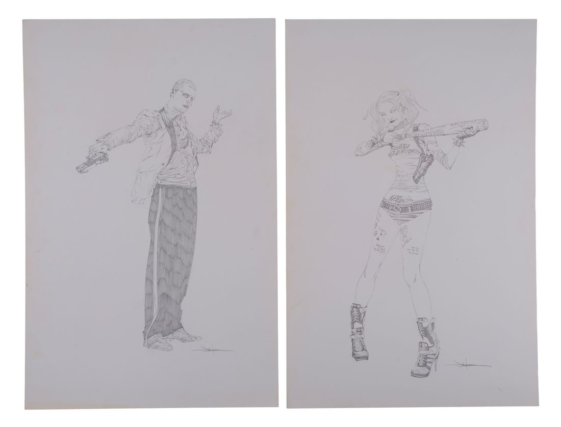 SUICIDE SQUAD (2016) - Pair of Hand-Drawn Jae Lee Harley Quinn (Margot Robbie) and The Joker (Jared: SUICIDE SQUAD (2016) - Pair of Hand-Drawn Jae Lee Harley Quinn (Margot Robbie) and The Joker (Jared Leto) Promotional Concept Sketches - Two concept sketches of Harley Quinn (Margot Robbie) and The Jo