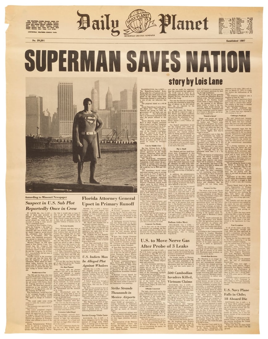 SUPERMAN II (1980) - Production-Made "Superman Saves Nation" Daily Planet Newspaper Cover (1 of 2)