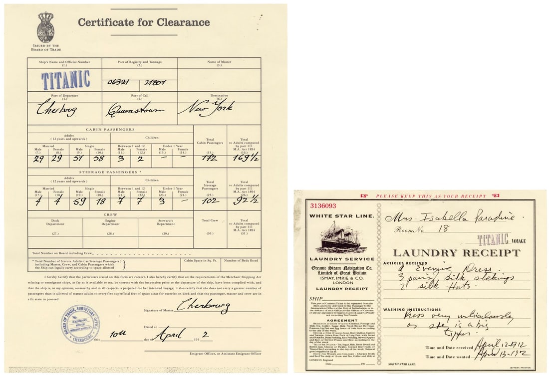 TITANIC (T.V. SERIES, 1996-1996) - White Star Line Certificate of Clearance and Laundry Receipt (1 of 4)