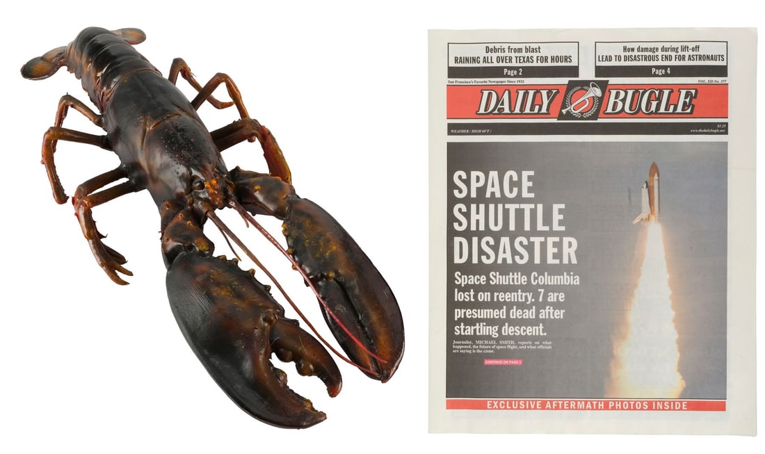 VENOM (2018) - Production-Made Daily Bugle "Space Shuttle Disaster" Newspaper Cover with Lobster: VENOM (2018) - Production-Made Daily Bugle "Space Shuttle Disaster" Newspaper Cover with Lobster - A production-made Daily Bugle "Space Shuttle Disaster" newspaper with a lobster from Ruben Fleischer'
