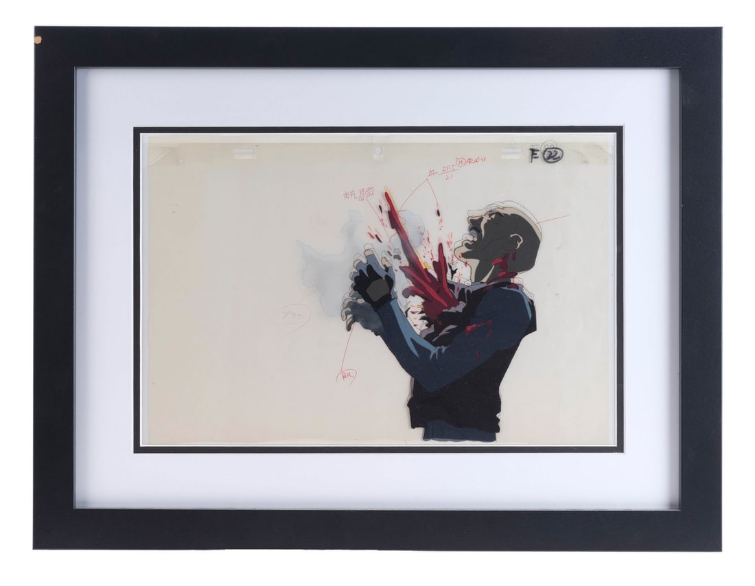GHOST IN THE SHELL (1995) - Shot Agent Original Production Cel with Matching Original Production: GHOST IN THE SHELL (1995) - Shot Agent Original Production Cel with Matching Original Production Drawing - A powerful original production cel setup from Mamoru Oshii's Ghost in the Shell (1995), captu