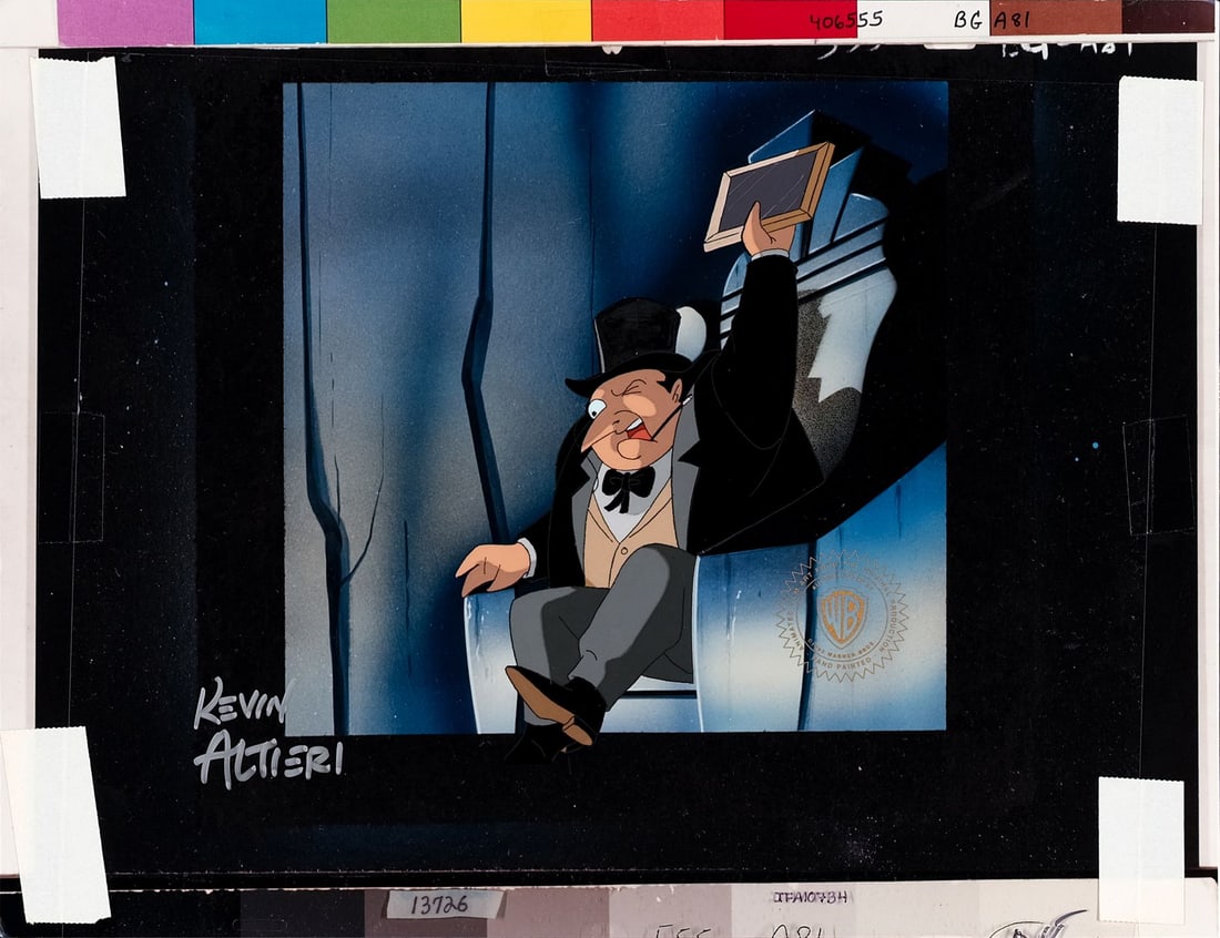 BATMAN: THE ANIMATED SERIES (1992-1995) - Penguin Original Production Cel from "The Mechanic" Signed: BATMAN: THE ANIMATED SERIES (1992-1995) - Penguin Original Production Cel from "The Mechanic" Signed by Kevin Altieri - An original production cel of The Penguin from the Batman: The Animated Series e