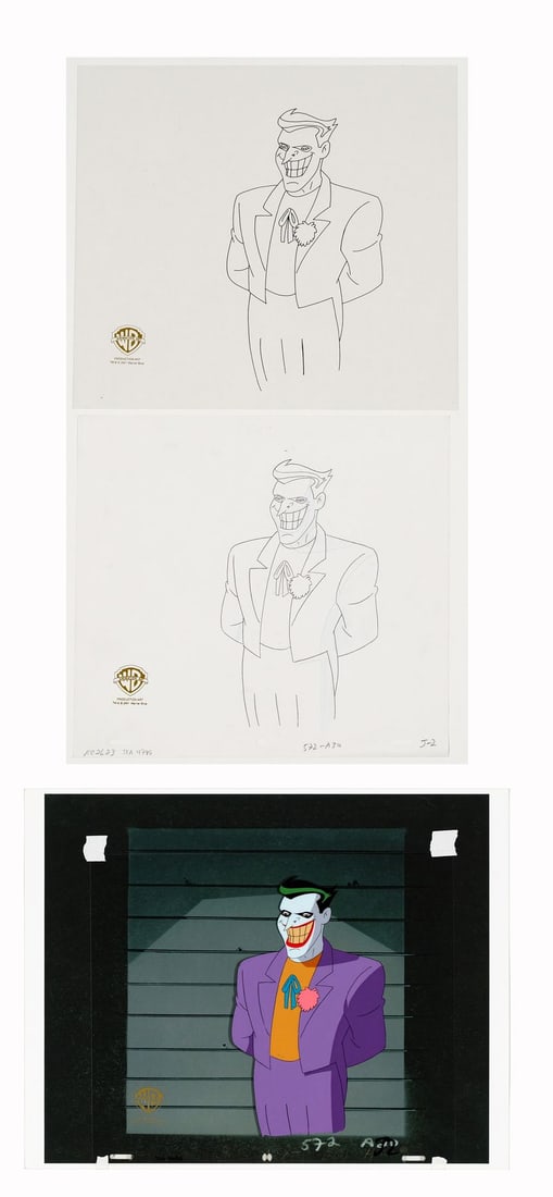 BATMAN: THE ANIMATED SERIES (1992-1995) - Joker Original Production Cel on studio presentation: BATMAN: THE ANIMATED SERIES (1992-1995) - Joker Original Production Cel on studio presentation background with matching Original Production Drawing and Archive Inkline "process" from "Harlequinade" -
