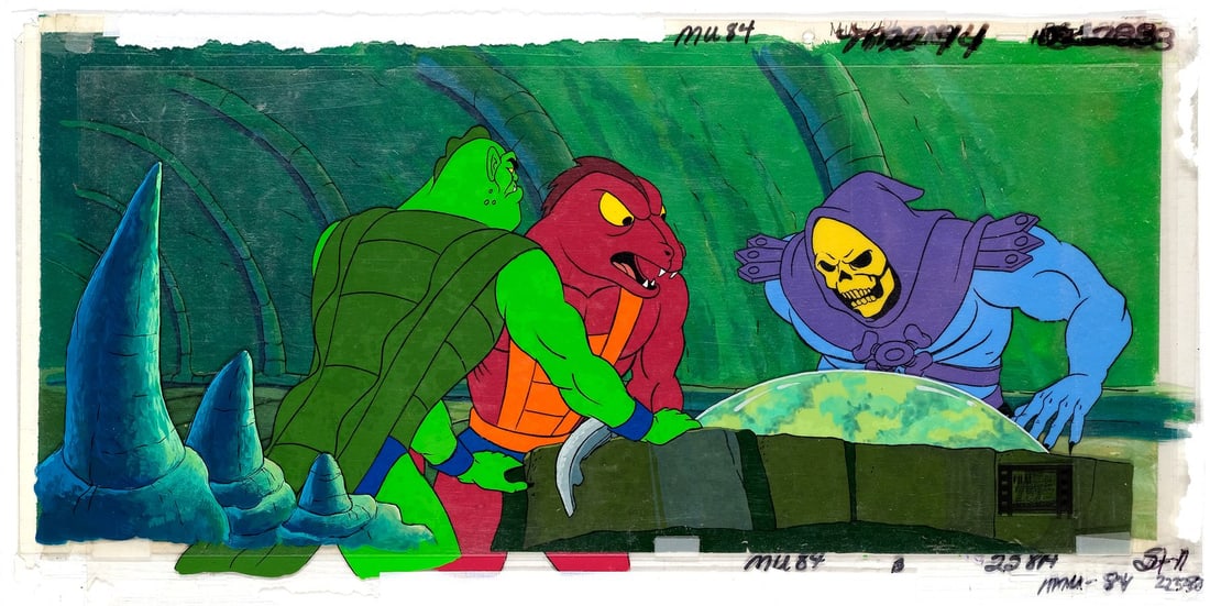 HE-MAN AND THE MASTERS OF THE UNIVERSE (1983-1985) - Skeletor, Clawful and Whiplash Look Into The: HE-MAN AND THE MASTERS OF THE UNIVERSE (1983-1985) - Skeletor, Clawful and Whiplash Look Into The Crystal Ball Original Production Cel on Pan Hand-Painted Master Production Background from 'Fraidy Cat